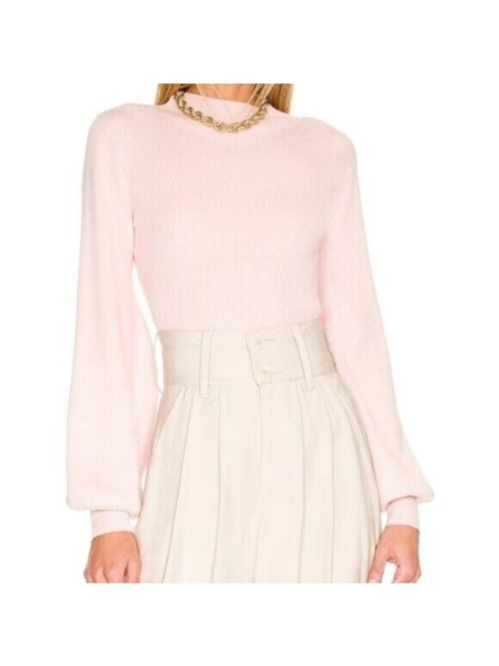 L'Academie Fable Balloon Sleeve Sweater XL NEW Blush Pink Rib Knit Pullover